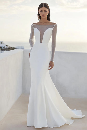 Ivory Bateau Neck Matte Satin Mermaid Wedding Dress With Long Sleeves